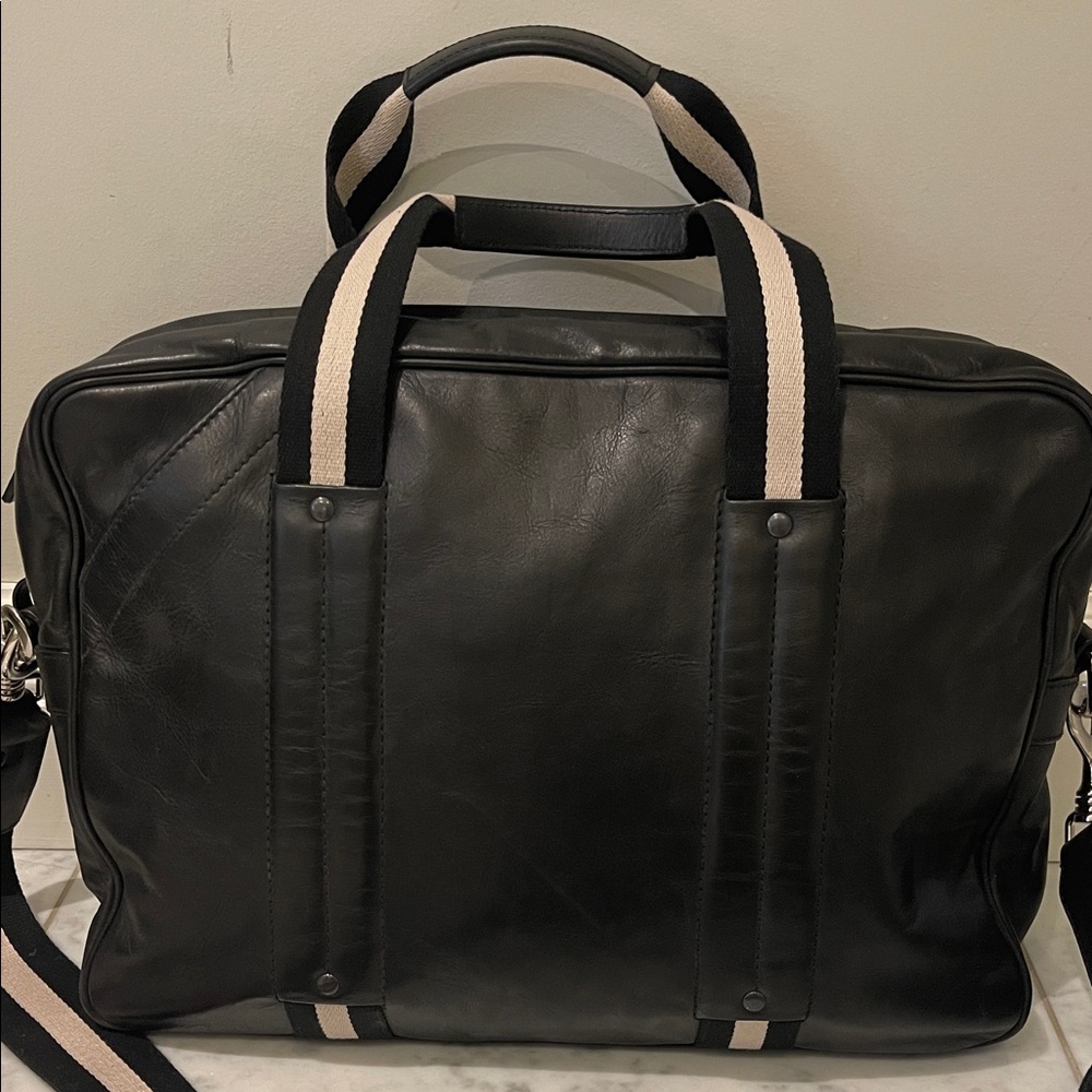 Bally Black Leather Laptop Bag with Black and Cream Striped Web Handles